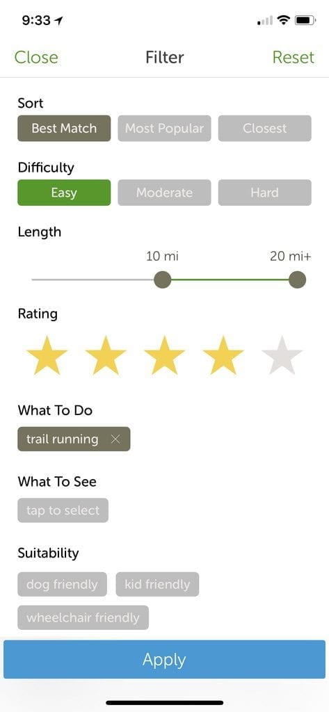 Filter Search in AllTrails - Add trail running in What to Do