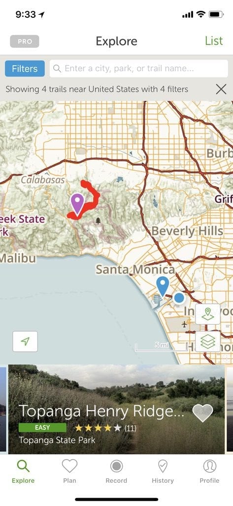 Map view in AllTrails with the trail running filter on
